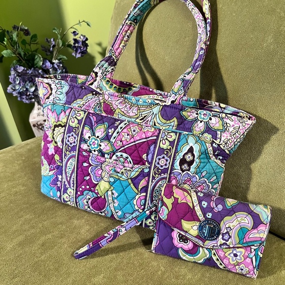 Vera Bradley HEATHER Purple/Teal Mandy Tote Shoulder Bag & Turnlock Wallet Combo - Picture 2 of 11